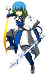  blue_hair cosplay dual_wielding gradient_hair guilty_gear hinanawi_tenshi holding ky_kiske ky_kiske_(cosplay) multicolored_hair radia red_eyes short_hair solo sword sword_of_hisou tabard touhou weapon weapon_connection 