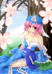  breasts cherry_blossoms cleavage hat highres inu3 japanese_clothes kimono large_breasts off_shoulder petals pink_eyes pink_hair saigyouji_yuyuko short_hair solo touhou 