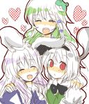  animal_ears bunny_ears closed_eyes frog_hair_ornament hair_ornament heart hitodama kochiya_sanae konpaku_youmu konpaku_youmu_(ghost) looking_at_viewer multiple_girls open_mouth red_eyes reisen_udongein_inaba smile stage_connection touhou zawameki 