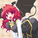  bad_id bad_pixiv_id bent_over breasts demon_tail fang head_wings koakuma large_breasts long_hair naitou_satoshi open_mouth red_eyes red_hair slit_pupils solo tail touhou wings 