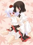  animal_ears bad_id bad_pixiv_id black_hair blush detached_sleeves gumoyu hat inubashiri_momiji multiple_girls red_eyes shameimaru_aya short_hair silver_hair tail tokin_hat touhou wolf_ears wolf_tail yuri 