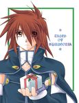  1boy brown_eyes brown_hair gift kratos_aurion male male_focus short_hair simple_background solo tales_of_(series) tales_of_symphonia 