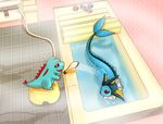 bathroom fangs fins gen_1_pokemon gen_2_pokemon head_fins josei_(artist) no_humans pokemon pokemon_(creature) shower_head showering steam totodile vaporeon wading water wet 