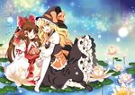  bad_id bad_pixiv_id blonde_hair bow braid brown_eyes brown_hair detached_sleeves hair_bow hakurei_reimu hat kirisame_marisa lily_pad long_hair multiple_girls roh_nam_kyung thighhighs touhou water witch_hat yellow_eyes 