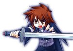  brown_eyes brown_hair gradient gradient_background kratos_aurion male male_focus short_hair simple_background solo sword tales_of_(series) tales_of_symphonia weapon white_background 