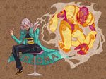  aqua_eyes chair crossed_legs enigma_(stand) grey_hair jojo_no_kimyou_na_bouken kabusumisu long_coat male_focus miyamoto_terunosuke paper sitting stand_(jojo) 