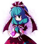  aqua_hair front_ponytail kagiyama_hina kiri_futoshi looking_down lowres magic open_hands ribbon smile solo touhou 