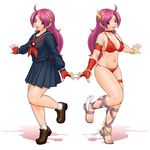  asamiya_athena athena_(series) bad_id bad_pixiv_id bikini black_serafuku curvy dual_persona ex_hk highres multiple_girls princess_athena purple_eyes purple_hair red_bikini sandals school_uniform serafuku snk swimsuit the_king_of_fighters the_king_of_fighters_xii 