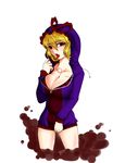  bad_id bad_pixiv_id blonde_hair bottomless breasts cleavage hood hooded_jacket jacket large_breasts midoridama open_mouth red_eyes ribbon solo tongue touhou unzipped yakumo_yukari 