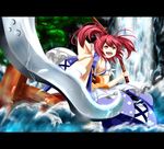  bad_id bad_pixiv_id boat breasts cleavage highres japanese_clothes large_breasts letterboxed momiji_oroshi onozuka_komachi open_mouth red_eyes red_hair scythe short_hair solo touhou tree two_side_up water watercraft waterfall 