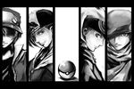  alternate_costume backwards_hat baseball_cap beret column_lineup gold_(pokemon) greyscale hat hat_over_one_eye kouki_(pokemon) male_focus monochrome multiple_boys poke_ball poke_ball_(generic) pokemon pokemon_(game) pokemon_dppt pokemon_hgss pokemon_rgby pokemon_rse red_(pokemon) red_(pokemon_rgby) scarf shadow_cat smile yuuki_(pokemon) 