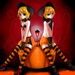  1girl akira_ry0 bikini_top blonde_hair brother_and_sister gloves halloween hat highres kagamine_len kagamine_rin miniskirt orange_skirt pleated_skirt pointy_ears pumpkin short_hair siblings skirt striped striped_legwear thighhighs twins vocaloid witch_hat yellow_eyes zettai_ryouiki 