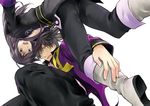  :o black_eyes black_hair boots coat from_below green_eyes knee_boots long_hair male_focus messy_hair mikou_(monpamanpe) multiple_boys open_mouth pants ponytail raven_(tales) surprised tales_of_(series) tales_of_vesperia upside-down white_background yuri_lowell 
