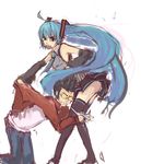  aqua_eyes aqua_hair black_hair black_skirt crossover denim detached_sleeves hatsune_miku highres jacket jeans long_hair miniskirt necktie no_more_heroes open_mouth panties panties_(pantsu-pirate) pants panty_pull pleated_skirt short_hair skirt striped striped_panties striped_skirt sunglasses thighhighs travis_touchdown twintails underwear very_long_hair vocaloid 