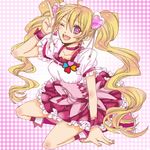  ;d blonde_hair boots bow choker cure_peach dress earrings fresh_precure! frills full_body gathers hair_ornament hairpin happy heart heart_hair_ornament jewelry kneeling long_hair magical_girl momozono_love one_eye_closed open_mouth pastel_alice pink_bow pink_choker precure smile solo twintails v wrist_cuffs 