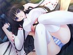  black_hair fusataka_shikibu game_cg japanese_clothes kotowari long_hair miko panties striped_panties thighhighs underwear yuigahama_yuki 