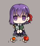  apple bad_id bad_pixiv_id book bug chibi child crest_worm dress empty_eyes fate/zero fate_(series) food fruit holding holding_book holding_food holding_fruit insect matou_sakura open_book orange pencil purple_eyes purple_hair ribbon solo sunameri_oishii younger 