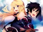  1girl :d akiyoshi_haru black_hair blonde_hair brown_eyes copyright_name gloves happy jude_mathis locked_arms long_hair milla_maxwell open_mouth red_eyes shirt sky smile strapless tales_of_(series) tales_of_xillia taut_clothes taut_shirt tubetop 