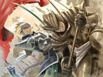  armor blonde_hair blue_eyes breastplate facial_hair flag helm helmet knight multiple_boys pauldrons peeta pixiv_fantasia pixiv_fantasia_wizard_and_knight pointy_ears polearm spear stubble sword weapon 