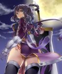  ao_no_kiseki armor ass black_legwear blue_eyes eiyuu_densetsu from_below full_moon gauntlets hair_ribbon half_updo highres huge_weapon lips looking_back mamedenkyuu_(berun) moon night night_sky ponytail purple_hair ribbon rixia_mao sky solo tabard thighhighs thighs vambraces weapon 