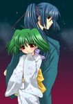  1girl blue_hair green_hair japanese_clothes kimono long_hair looking_back macross macross_frontier night ponytail ranka_lee red_eyes sakasaka saotome_alto short_hair smile twintails 