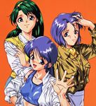  80s artbook blue_eyes blue_hair blush bra breasts covered_nipples green_eyes green_hair hairband jacket kasumi_(super_real_mahjong) lingerie long_hair medium_breasts midriff miki_(super_real_mahjong) multiple_girls oldschool open_clothes open_mouth open_shirt shirt shoko_(super_real_mahjong) short_hair simple_background sleeves_folded_up small_breasts smile sports_bra super_real_mahjong tanaka_ryou tank_top translated underwear 