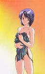  80s artbook bare_shoulders blue_eyes blue_hair covering highres miki_(super_real_mahjong) oldschool one-piece_swimsuit short_hair showering solo super_real_mahjong swimsuit swimsuit_pull tanaka_ryou towel undressing water wet 