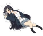  alternate_hairstyle black_hair blazer blue_skirt blush breath brown_eyes ikari_manatsu jacket k-on! laughing long_hair lying miniskirt nakano_azusa on_back one_eye_closed open_clothes open_shirt pleated_skirt school_uniform shirt skirt socks solo tears 