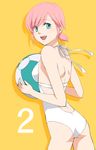  back ball beachball bikini celestial_s countdown estellise_sidos_heurassein green_eyes holding_beachball looking_back number pink_hair short_hair smile solo swimsuit tales_of_(series) tales_of_vesperia white_swimsuit yellow_background 
