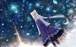  animal_ears cat_ears closed_mouth commentary_request dress fantasy grass highres kneehighs long_hair looking_at_viewer night night_sky original pillar purple_dress sakimori_(hououbds) scenery sky smile solo star_(sky) starry_sky very_long_hair white_hair 