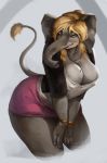  anthro bedroom_eyes blonde_hair blue_eyes bracelet breasts cleavage clothed clothing crouching ear_piercing elephant female hair half-closed_eyes jewelry long_hair looking_at_viewer mammal necklace piercing proboscidean raised_tail seductive simple_background skirt slightly_chubby slipperycupcake solo tail_tuft thick_thighs tuft 