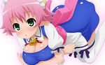  bell blush bow breasts cow_bell crossed_arms dress elfleda_mirjasdottir green_eyes highres large_breasts lotte_no_omocha! maid maid_headdress pink_bow pink_hair short_hair solo sugimura_tomokazu thighhighs white_legwear 