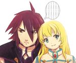  1girl blonde_hair blue_eyes brown_eyes collet_brunel frown kapipa kratos_aurion long_hair purple_hair smile spiked_hair tales_of_(series) tales_of_symphonia thought_bubble translated 