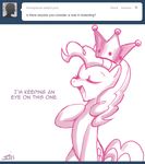  ask_princess_molestia crown cutie_mark english_text equine eyes_closed female feral friendship_is_magic hair hooves horse john_joseco long_hair mammal monochrome my_little_pony open_mouth pinkie_pie_(mlp) pony solo tail text tumblr 