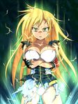  armband aura blonde_hair breast_squeeze breasts cleavage crossed_arms diisuke dragon_ball dragon_ball_z electricity glaring green_eyes highres kurokami_medaka large_breasts long_hair medaka_box panties powering_up solo super_saiyan torn_clothes underwear 