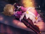  akiyoshi_haru blonde_hair boots bow closed_eyes copyright_name creature dress elize_lutus fetal_position frills full_body lying on_side purple_footwear ribbon short_hair sleeping tales_of_(series) tales_of_xillia teepo_(tales) thigh_boots thighhighs 