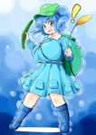  1girl absurdres aqua_skirt backpack bag blue_eyes blue_hair blush boots breasts bubble cattail cucumber hair_bobbles hair_ornament hat highres huge_breasts kawashiro_nitori key medium_skirt open_mouth plant pocket ryounosuke short_hair skirt skirt_set solo surprised touhou two_side_up 