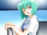  artist_request green_hair red_eyes short_hair smile solo source_request tongue wink 