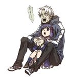  1girl akagishi_k child dress fate/zero fate_(series) hair_ribbon hood hoodie jacket matou_kariya matou_sakura open_mouth purple_hair ribbon simple_background sitting translation_request uncle_and_niece white_background white_hair younger 