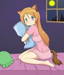  animal_ears bad_id bad_pixiv_id barefoot blue_eyes brown_hair cat_ears hug kneeling kousaka_kirino long_hair midori_(rquick2009) octopus ore_no_imouto_ga_konna_ni_kawaii_wake_ga_nai pillow sleepwear solo stuffed_animal stuffed_toy tail window 