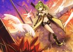  2011 arm_warmers artist_name bird boots coat dusk green_eyes green_hair guitar_case instrument_case midriff navel open_fly panties ponytail projecttiger short_shorts shorts sleeveless smile solo sonika thong underwear unzipped vocaloid 