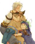  &#33853;&#12385;&#27494;&#32773; ???? canine canine? cougar_(character) cuddle cuddling green_eyes green_hair hair happy hero_(suikoden_tierkreis) kids male mammal plain_background suikoden white_background 