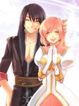  1girl ^_^ belt black_hair celestial_s closed_eyes coat dress estellise_sidos_heurassein gloves grin hand_on_another's_head happy long_hair open_mouth pink_hair short_hair smile tales_of_(series) tales_of_vesperia white_gloves yuri_lowell 