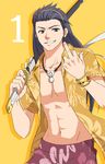  black_eyes black_hair bracelet celestial_s countdown grin hairband jewelry long_hair male_focus middle_finger necklace number open_clothes over_shoulder shirt shorts smile solo sword tales_of_(series) tales_of_vesperia weapon weapon_over_shoulder yellow_background yuri_lowell 