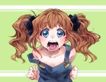  blue_eyes brown_hair commentary_request idolmaster idolmaster_(classic) long_hair naked_overalls open_mouth overalls solo strap_slip takanashi_ringo takatsuki_yayoi teeth tongue twintails uvula 