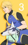  alternate_costume blonde_hair blue_eyes celestial_s countdown diving_suit dog flynn_scifo male_focus number repede skin_tight smile tales_of_(series) tales_of_vesperia yellow_background 