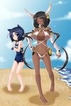  animal_ears beach black_hair blue_eyes blue_hair breast_envy breasts cleavage closed_eyes dark_skin day fingerless_gloves flat_chest gloves hand_on_hip highres horns houjou_ujinao huge_breasts katana kyoukaisenjou_no_horizon long_hair looking_at_breasts multiple_girls name_tag one-piece_swimsuit pigeon-toed robot_joints satomi_yoshiyasu school_swimsuit sheath sheathed shirogane_(cufsser) short_hair swimsuit sword weapon 