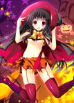  :o black_hair blush boots bow breasts cape cover cover_page garter_straps halloween hands_on_headwear hat jack-o'-lantern lace lace-trimmed_skirt long_hair microskirt mizusawa_mimori navel nipple_slip nipples open_mouth orange_skirt original pumpkin red_eyes skirt small_breasts solo star thighhighs underboob witch_hat 
