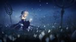  bare_shoulders blurry breasts cleavage cupping_hands depth_of_field detached_collar detached_sleeves dress flower glowing hjl long_hair medium_breasts petals pixiv_fantasia pixiv_fantasia_wizard_and_knight red_eyes silver_hair sitting solo staff strapless strapless_dress white_hair 