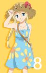  adjusting_clothes adjusting_hat alternate_costume armpits blonde_hair blue_eyes braid celestial_s collarbone countdown dress hat long_hair number patty_fleur smile solo straw_hat tales_of_(series) tales_of_vesperia yellow_background 